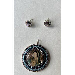 Handcrafted Lady Guadalupe Pendant And Earrings Silver Religious Catholic